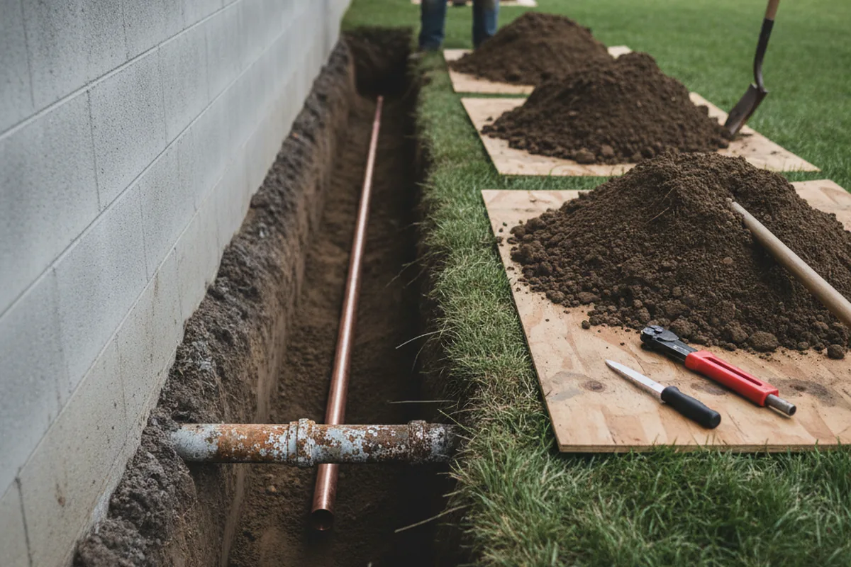Excavated water line trench during Water Softener Installation in Calvin